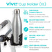 Vive Cup Holder XL with a silver water bottle attached, showing features on a white background.