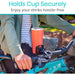 Person holding a bike-mounted cup holder with an orange cup, text 'Holds Cup Securely Enjoy your drinks hassle-free'.