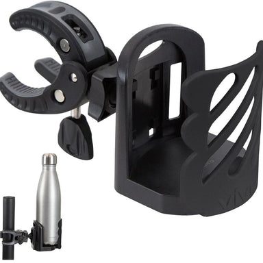 Black bike bottle holder with a water bottle on a white background
