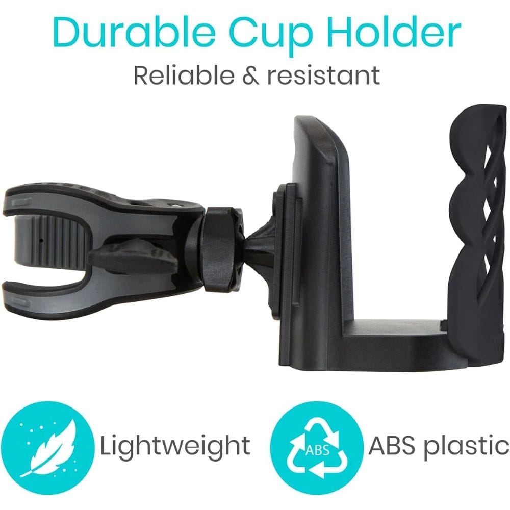 Durable cup holder with text indicating reliability, resistance, light weight, and ABS plastic usage on a white background.