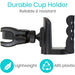Durable cup holder with text indicating reliability, resistance, light weight, and ABS plastic usage on a white background.
