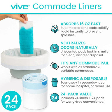 Vive commode liners packaging with text highlighting features and benefits.