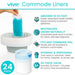 Vive commode liners packaging with text highlighting features and benefits.