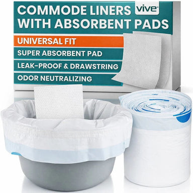 Vive commode liners with absorbent pads displayed with a commode bowl and roll of liners.