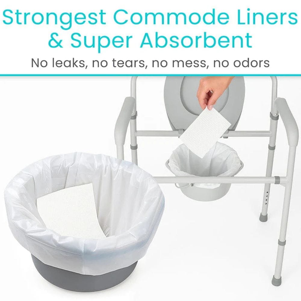 Commode liner system with a hand placing a liner into a commode, featuring text about liner strength and absorbency.