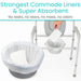 Commode liner system with a hand placing a liner into a commode, featuring text about liner strength and absorbency.