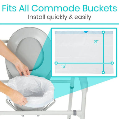 Product for commode buckets with a hand placing a bag into it, showing dimensions.