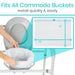 Product for commode buckets with a hand placing a bag into it, showing dimensions.