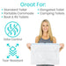 Woman holding a product with features listed on a white background