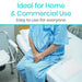 Person in blue scrubs sitting on a bed with text 'Ideal for Home & Commercial Use' and 'Easy to use for everyone'.