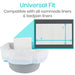 Product with text 'Universal Fit' and compatibility information for commode liners and bedpan liners.