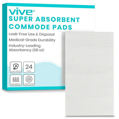Vive super absorbent commode pads packaging with a white pad on a white background