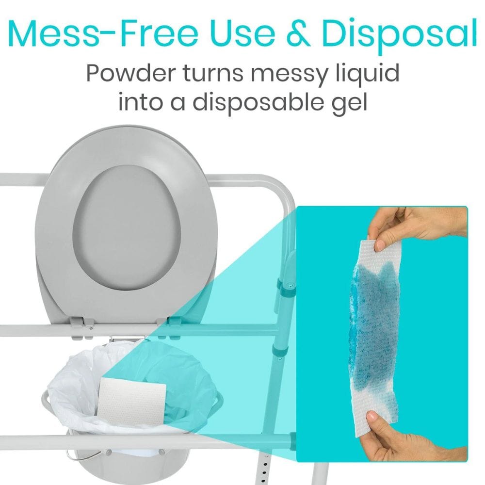 Product showing a toilet with a blue disposable gel sheet being applied, labeled 'Mess-Free Use & Disposal'.