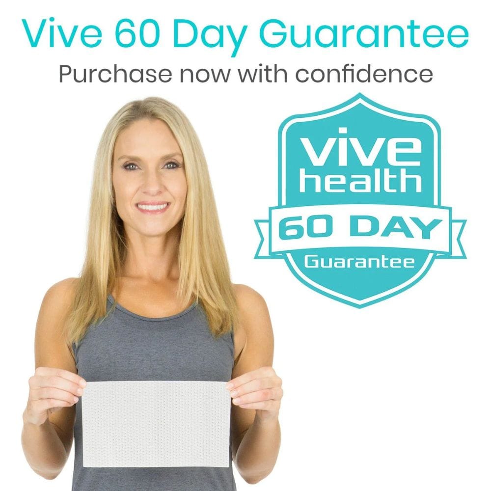 Woman holding a white card with 'Vive Health 60 Day Guarantee' text on a white background