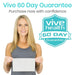 Woman holding a white card with 'Vive Health 60 Day Guarantee' text on a white background