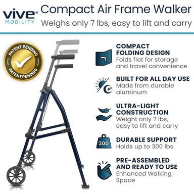 Compact air frame walker with features listed on a white background