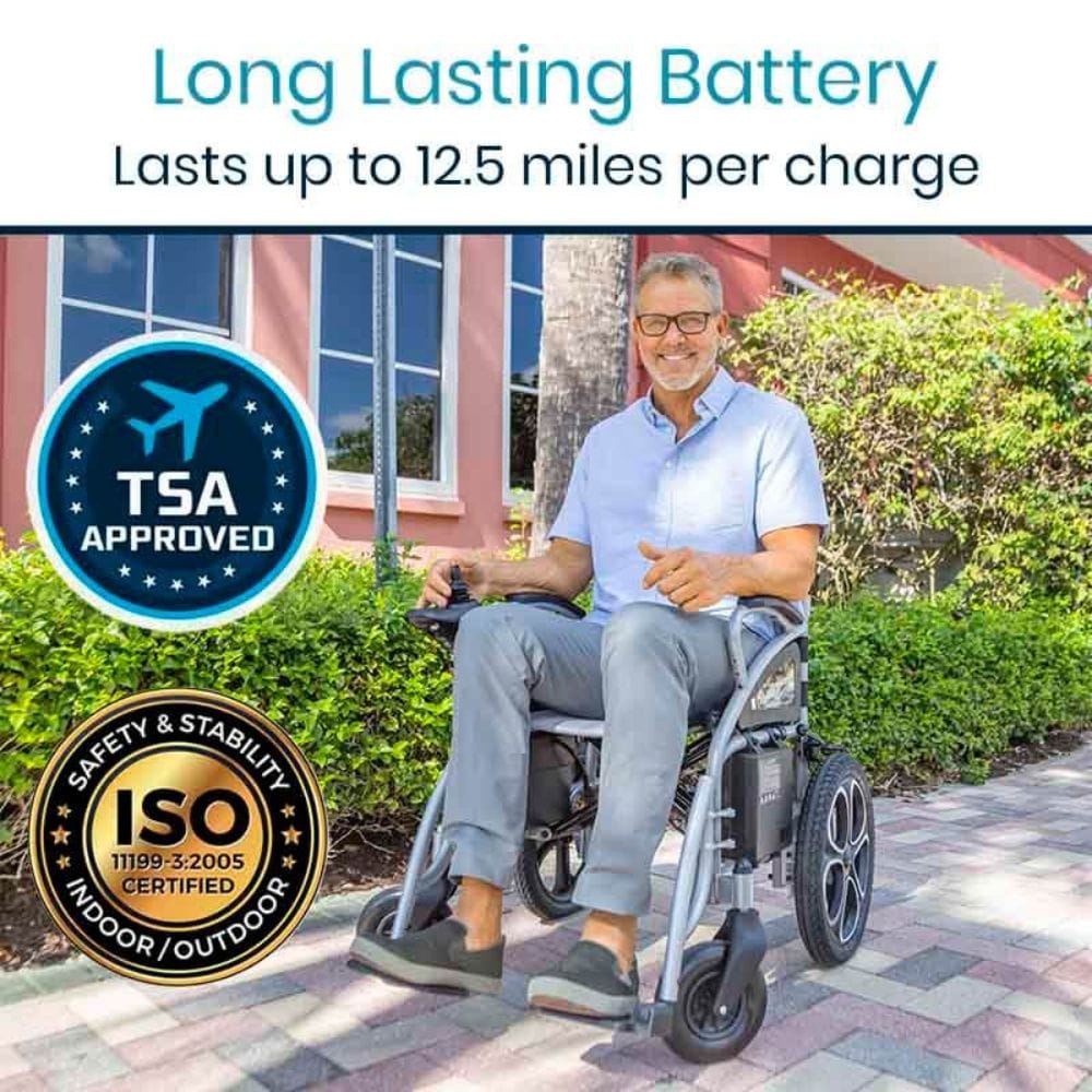 Man using a power wheelchair outdoors with 'Long Lasting Battery' and certification logos displayed.
