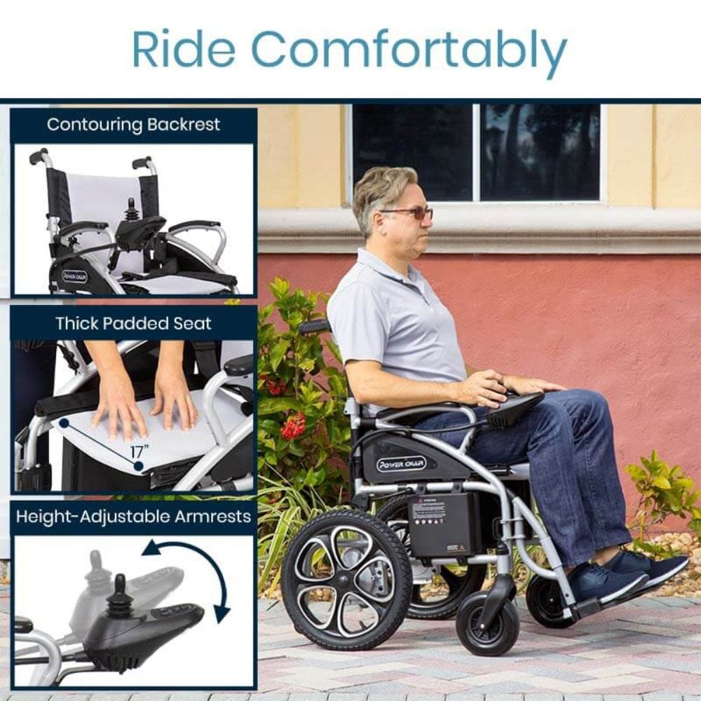Man using a wheelchair with features highlighted on a promotional image.