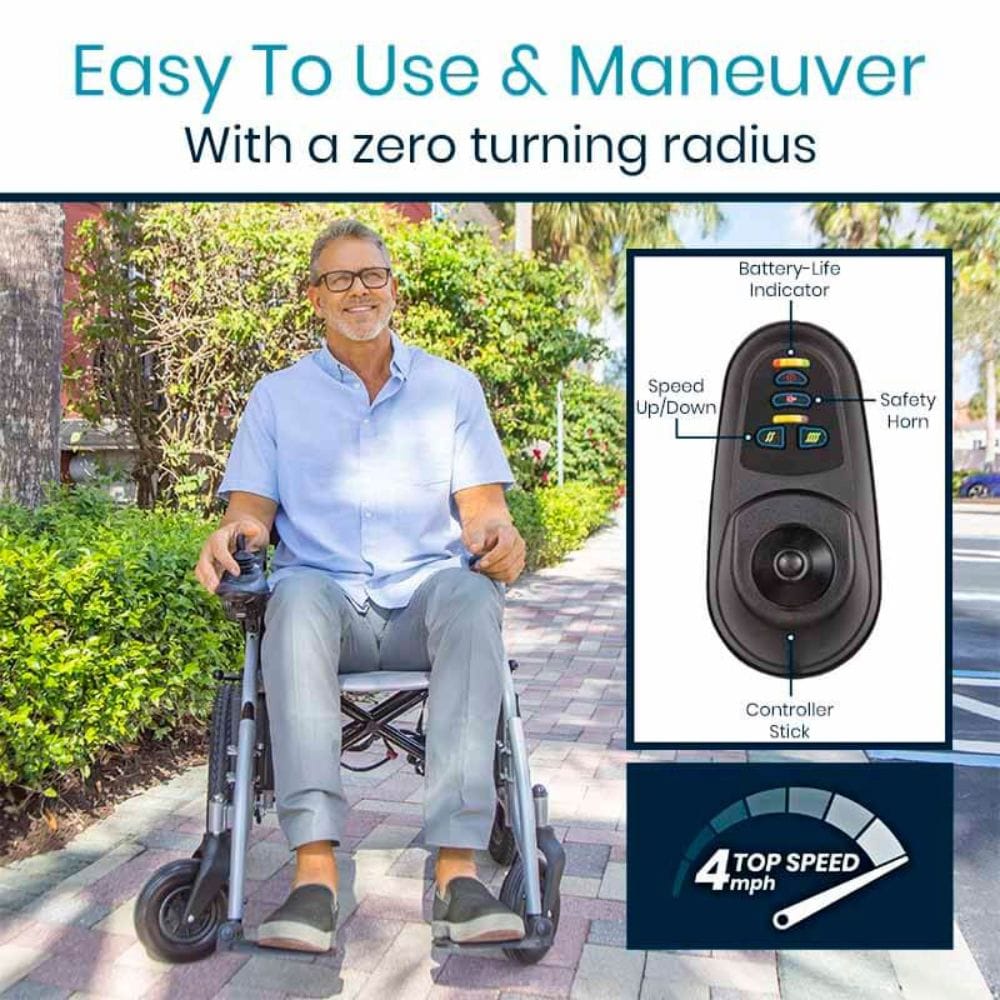 Man using a mobility scooter with text highlighting ease of use and maneuverability, and a close-up of the scooter's controller.
