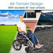 Woman using a power wheelchair with all-terrain design in various outdoor settings.