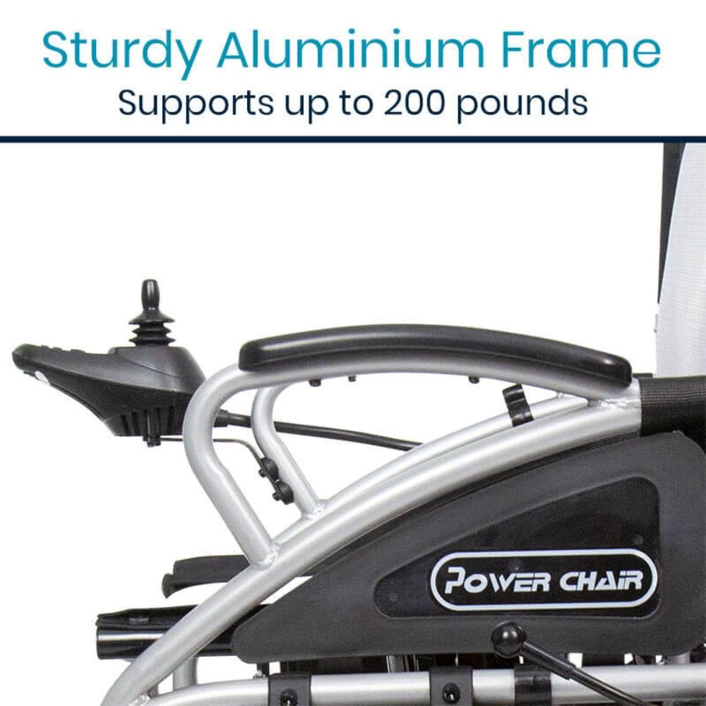 Power chair with a sturdy aluminium frame and capacity text on a white background