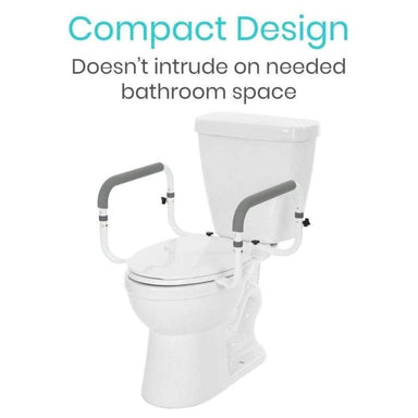 White toilet with gray safety rails on a white background, labeled 'Compact Design'.