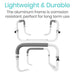 Aluminum frame with text highlighting its durability and corrosion resistance on a white background