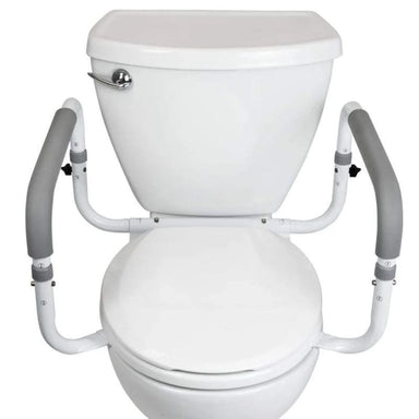 White toilet with adjustable armrests on a white background