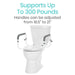 White toilet with adjustable gray handles on a white background, featuring text about weight support and handle adjustment.