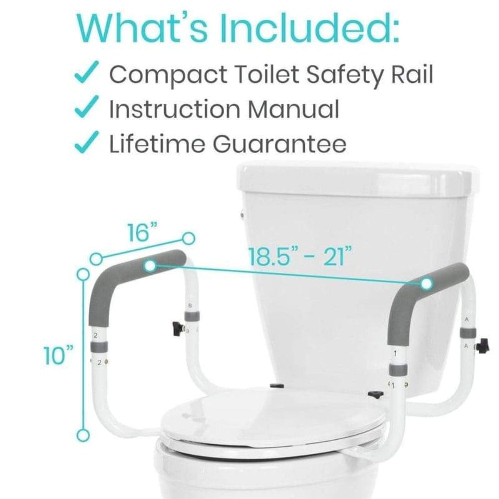Toilet safety rail with dimensions and included features listed on a white background