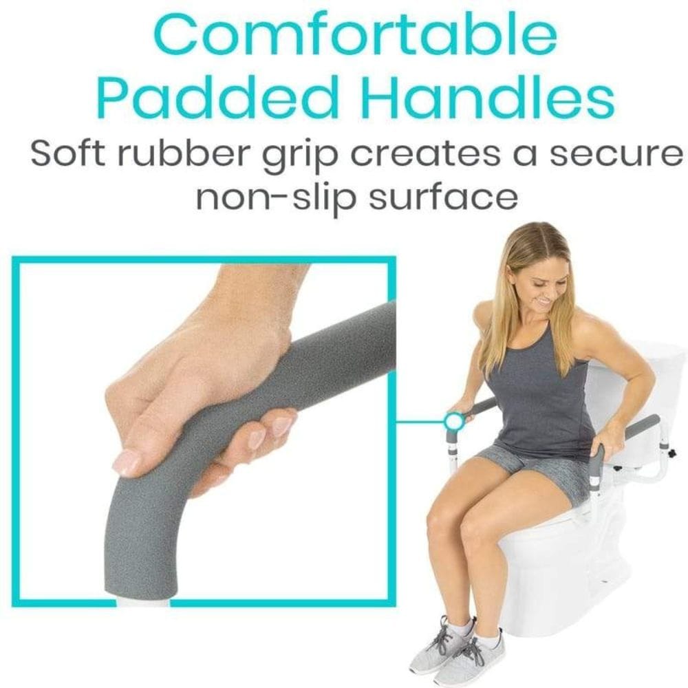 Woman using a fitness machine with comfortable padded handles and text highlighting their features.