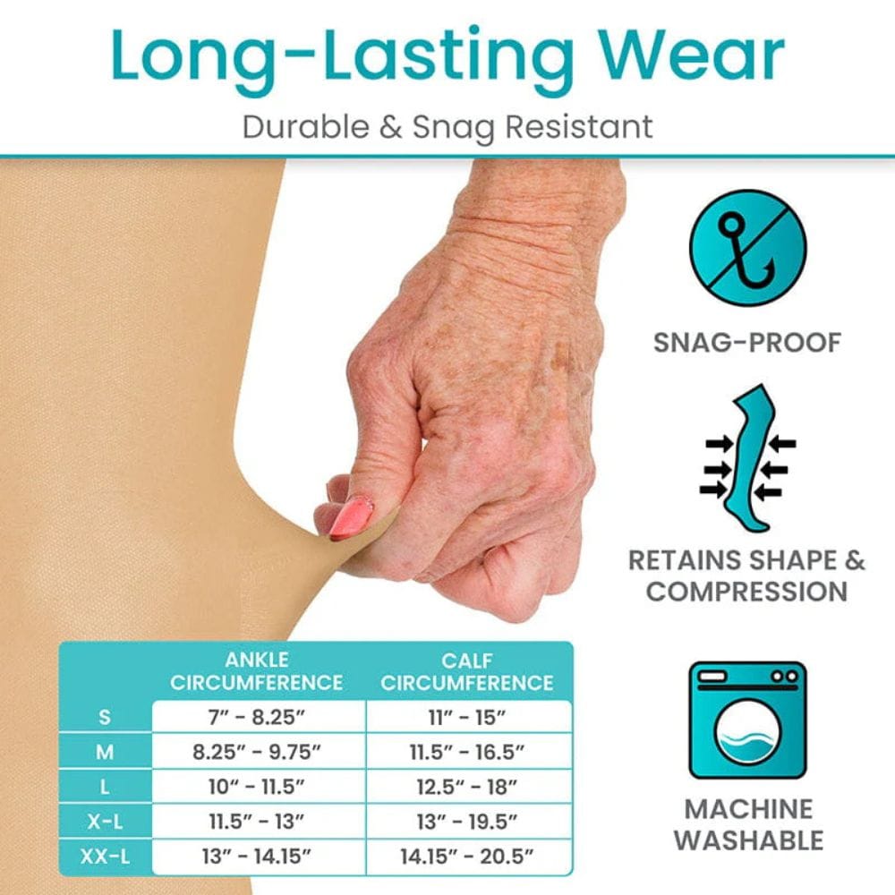 Product feature card with hand holding fabric, size chart, and icons indicating durability and machine washability.