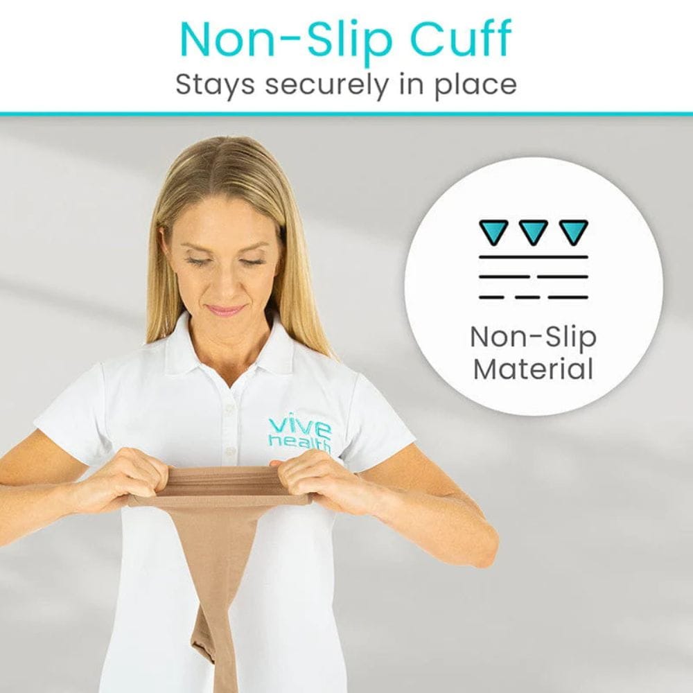 Woman wearing a white shirt with 'Vive Health' logo, holding a brown non-slip cuff.