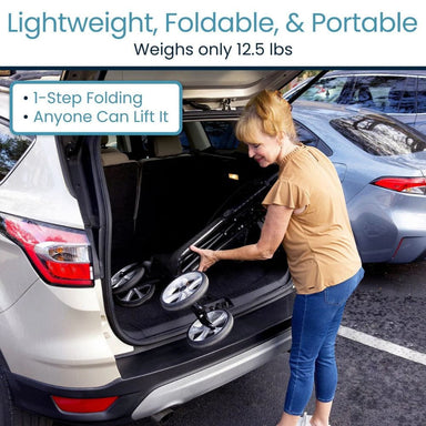 Woman using a portable car step ladder next to a car with text highlighting its features.