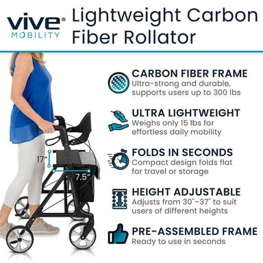 Vive Mobility Lightweight Carbon Fiber Rollator with features listed on a white background