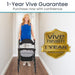 Woman using a walker with a Vive Health 1-Year Guarantee badge in the background.