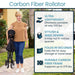 Woman holding a carbon fiber rollator with product features displayed on the right.