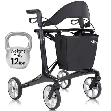 Black rollator with a kettlebell labeled 'Weights Only 12 lbs' on a white background