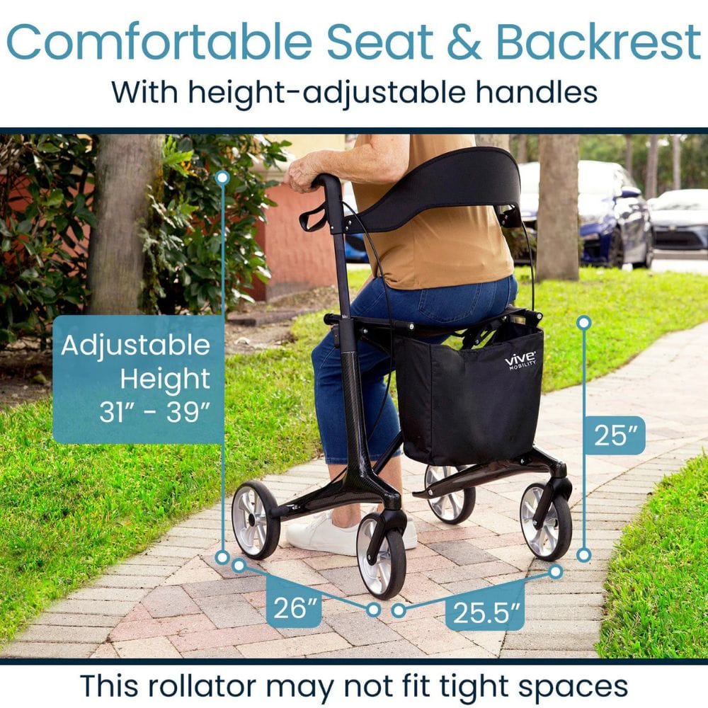 Rollator with height-adjustable features shown outdoors on a sidewalk