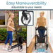 Woman using a adjustable walker with ease, highlighting its maneuverability and size.