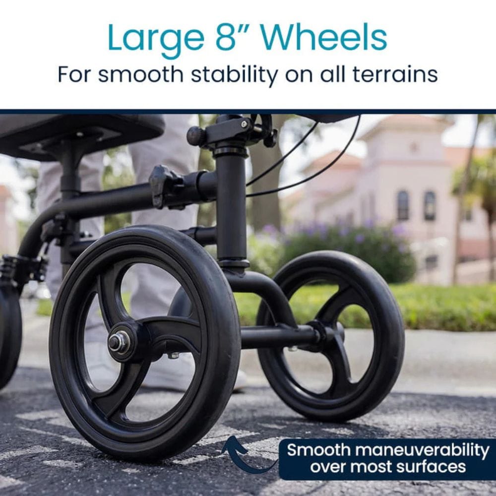 Close-up of a mobility device with large 8-inch wheels on a blurred outdoor background.