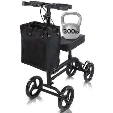 Black knee walker with a bag and a 300 lb kettlebell on a white background