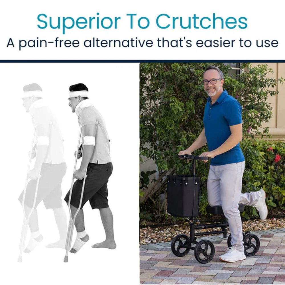Man using a walker with text 'Superior To Crutches' and 'A pain-free alternative that's easier to use'.