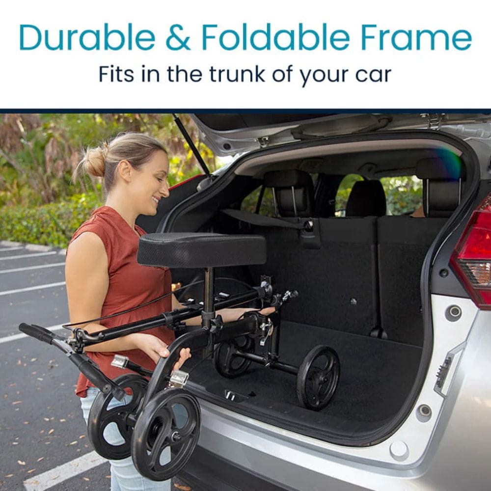 Woman loading a durable and foldable frame into the trunk of a car with text highlighting its features.