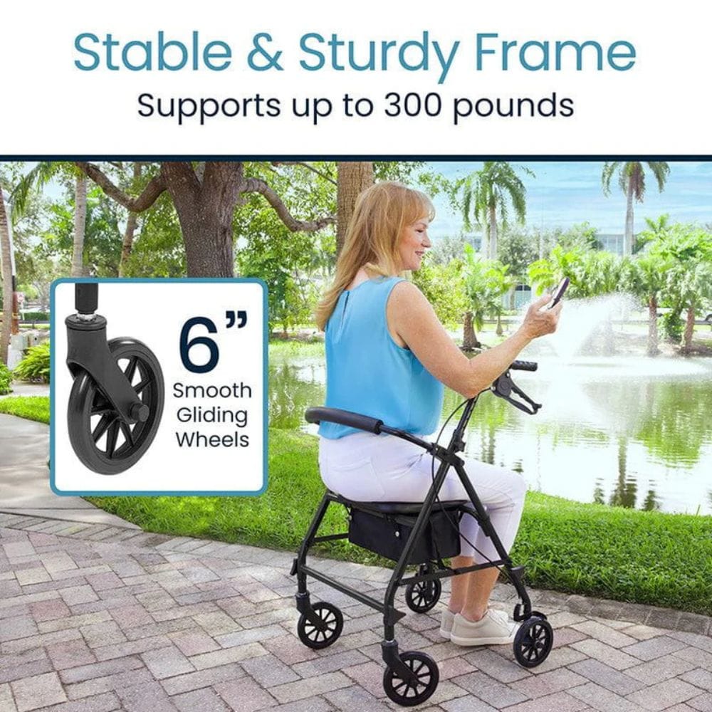 Woman using a walker with a stable and sturdy frame feature, outdoors by a pond.