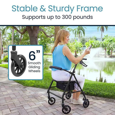 Woman using a walker with a stable and sturdy frame feature, outdoors by a pond.