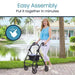 Woman with a purple walker in a park setting with text about easy assembly.