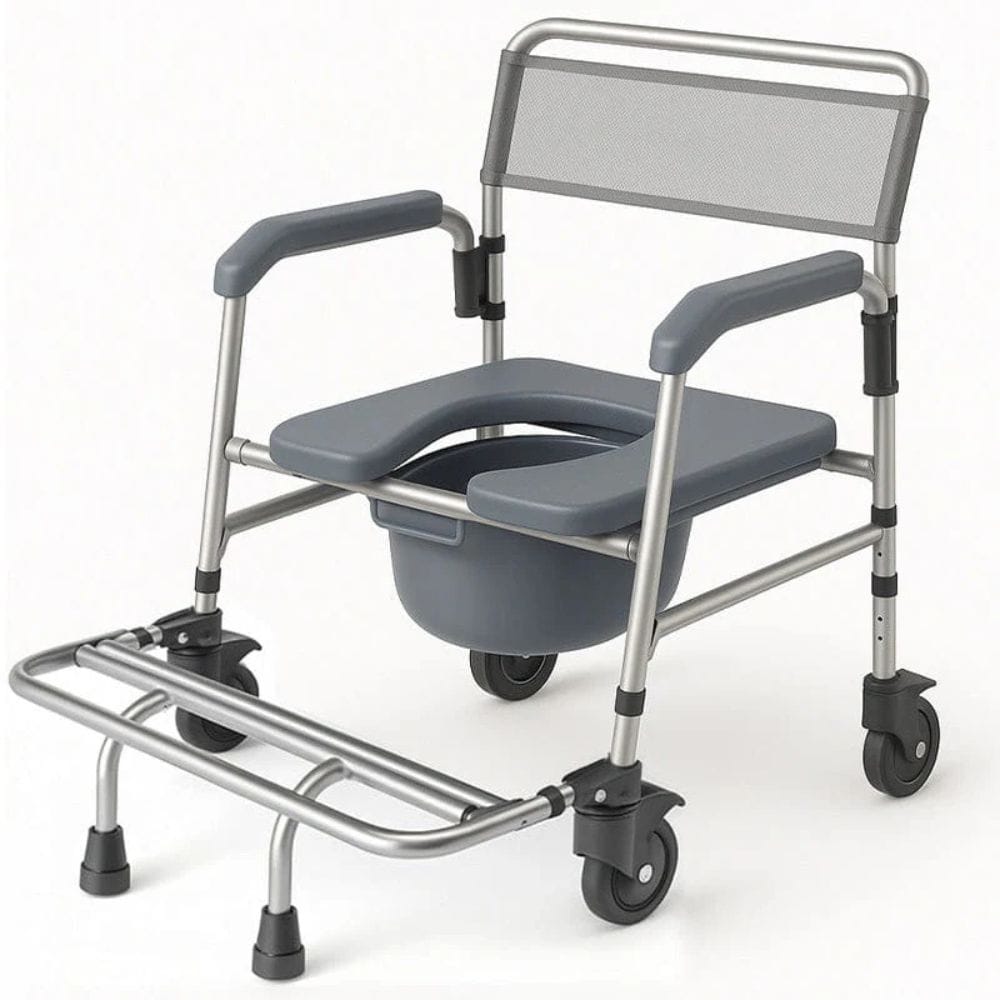 Gray commode chair with wheels on a white background