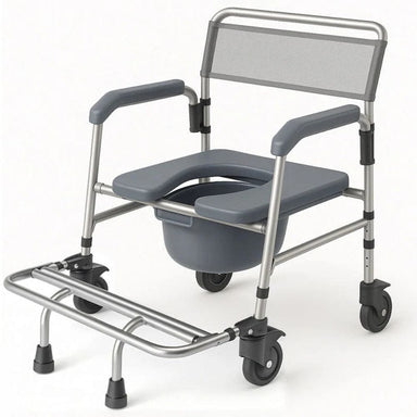 Gray commode chair with wheels on a white background