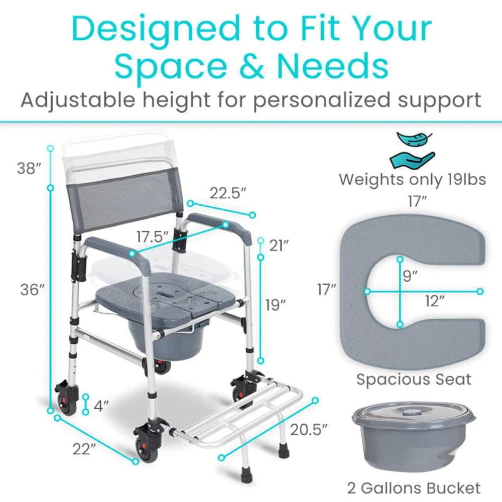 Adjustable height commode chair with measurements and features on a white background